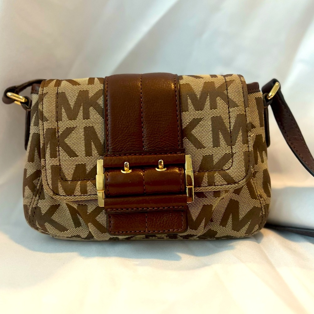 Michael Kors tan with dark brown design and trim crossbody